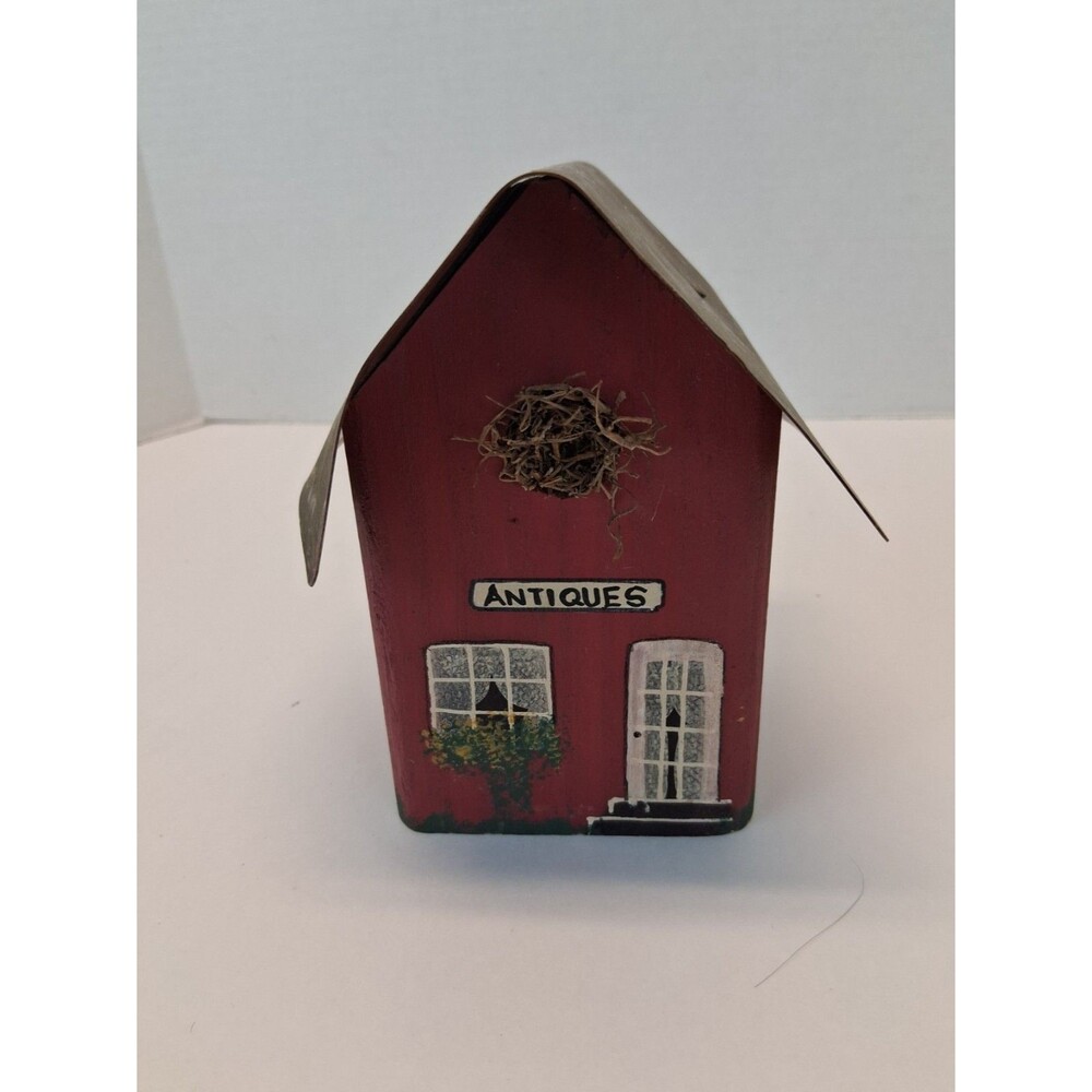 VTG Handmade Wood Faux Birdhouse Antiques Shop Tin Roof Shelf Sitter Decor 1980s